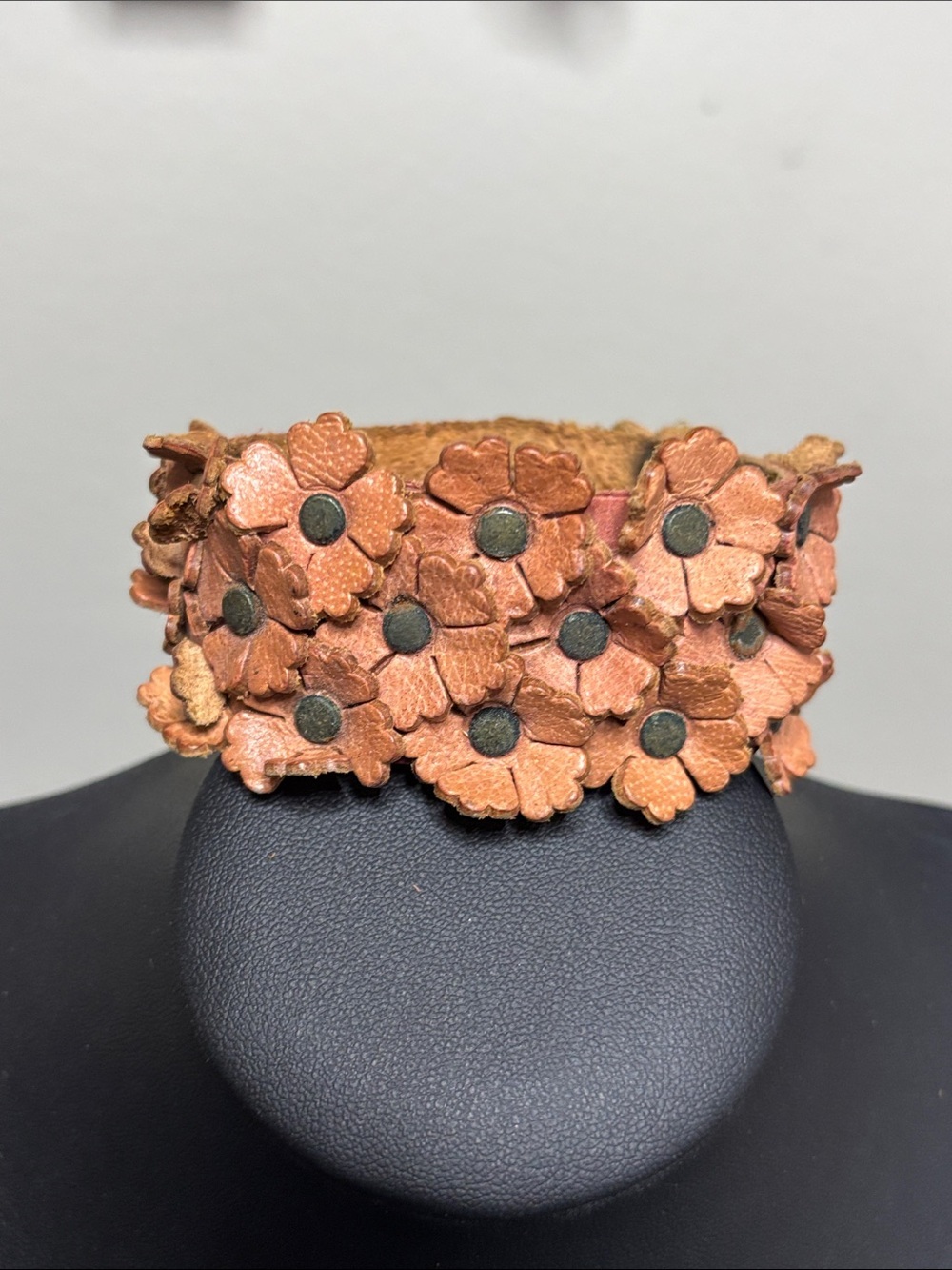 Boho Festival Leather Flower Cluster Cuff Bracelet — Rustic Tan